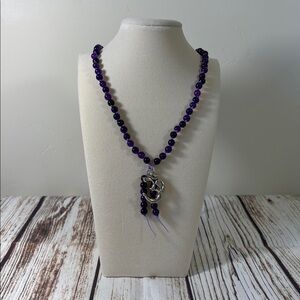 Amethyst Gemstone Bead Handmade Beaded Mala Necklace with Om Charm